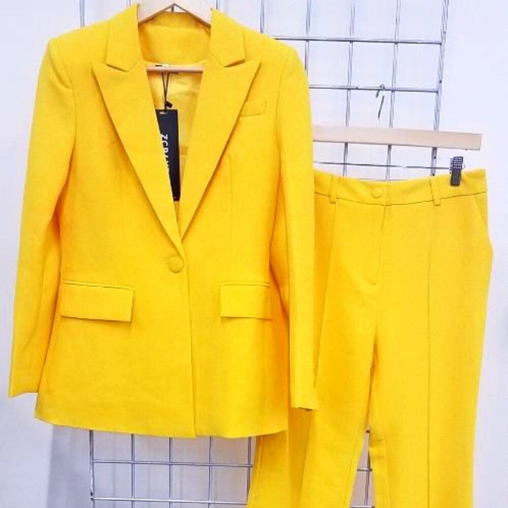 ZCrave Yellow Wide Leg/1 Button Jacket Pant Suit Set